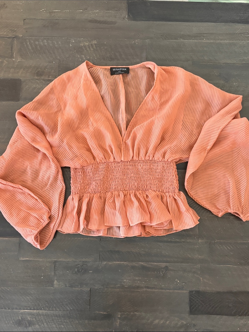 MINKPINK Coral Smocked Peplum V-Neck Blouse